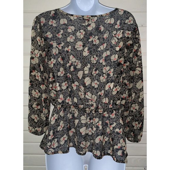 Lily Rose Sz MEDIUM Tunic Peplum Popover Black Scribble Floral Semi Sheer EUC - Picture 8 of 11